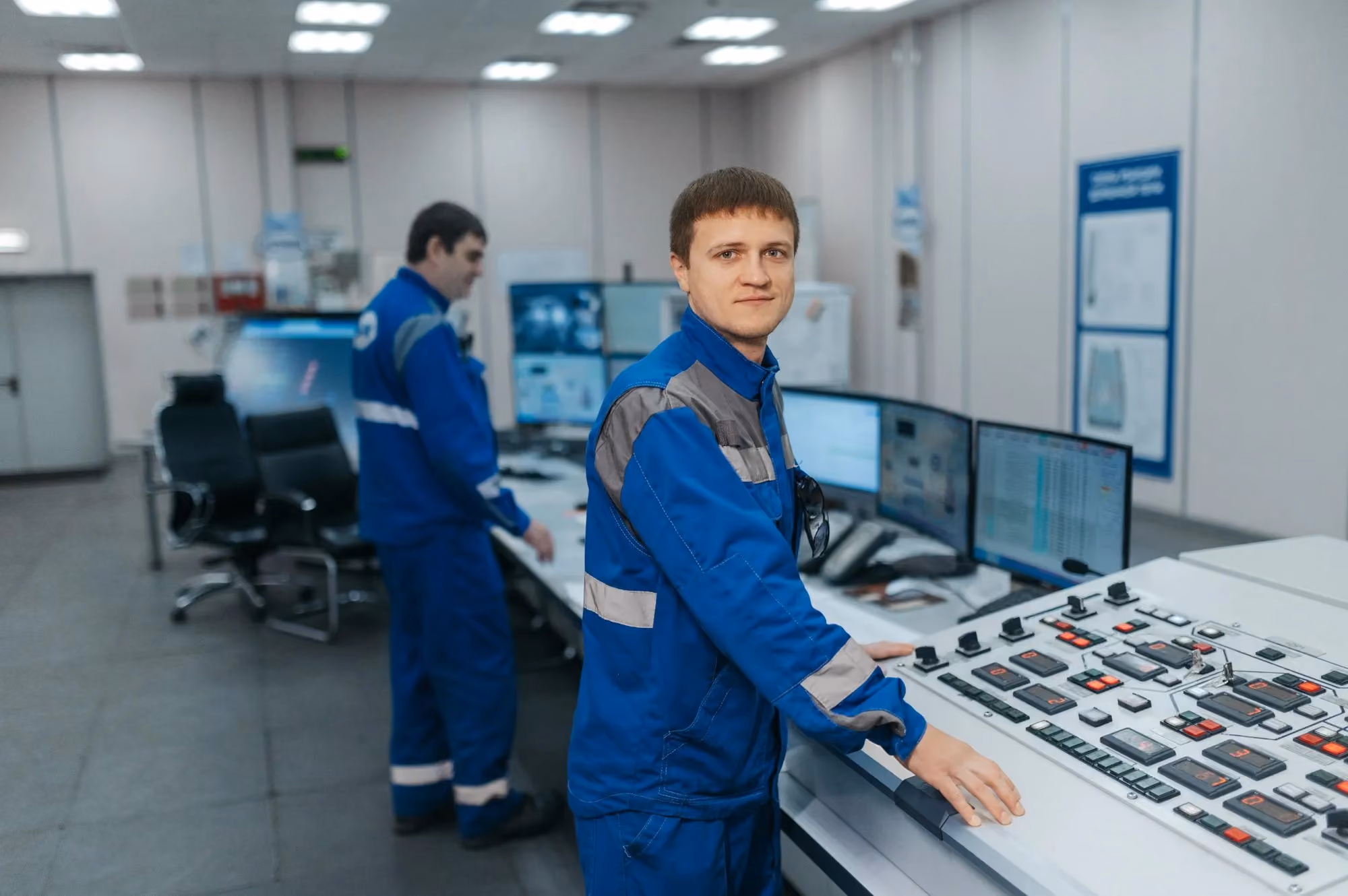 Two technicians working at an industrial control desk