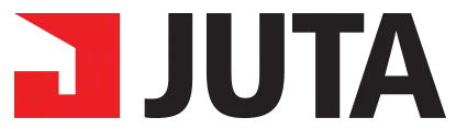 Logo společnosti JUTA s červeným geometrickým symbolem vlevo.