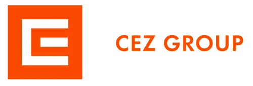 Logo CEZ Group on orange background with the letter E in white.