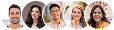 Five diverse young adults smiling and posing against a white background.
