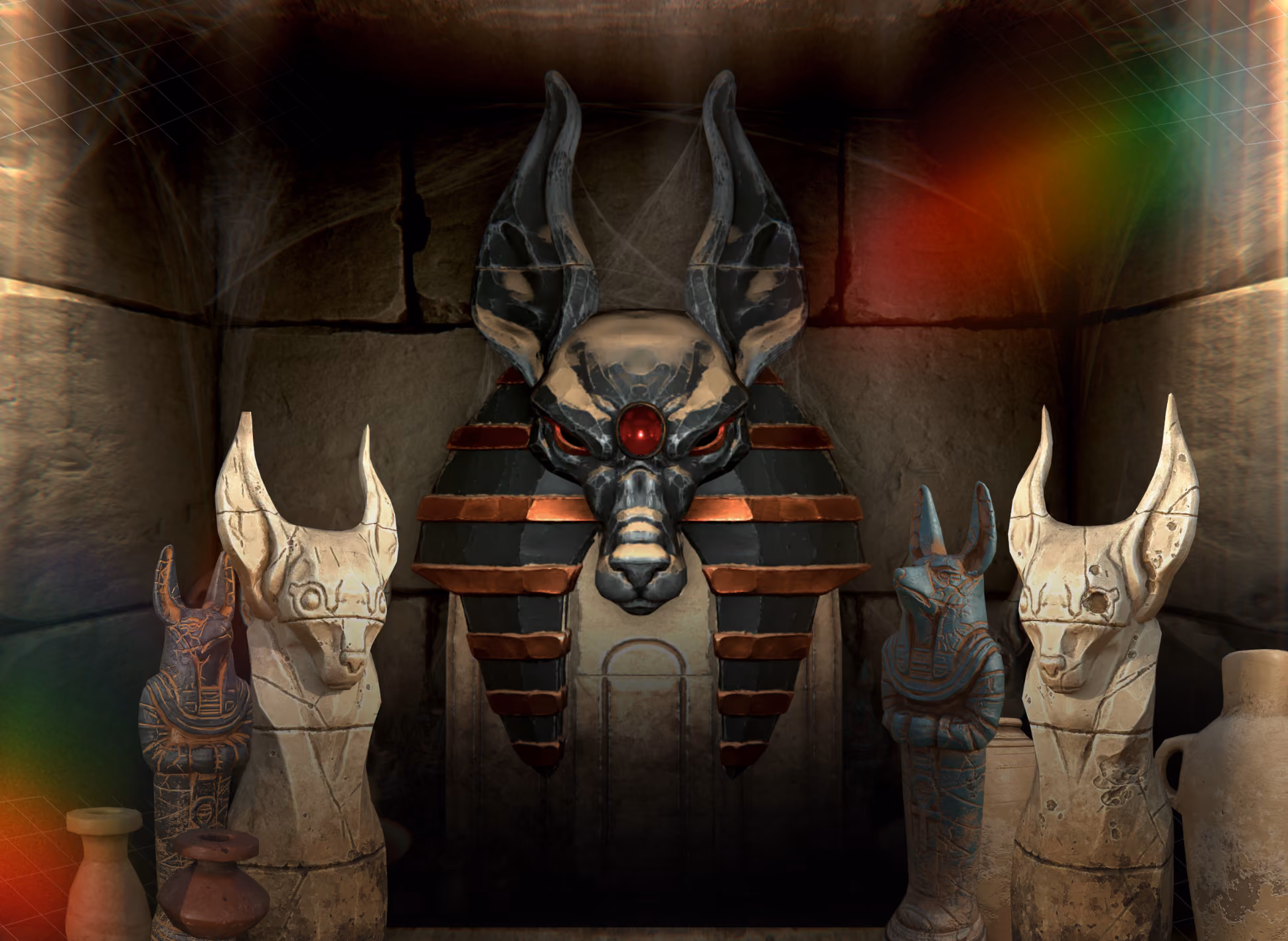 Décor de la mission Le Tombeau d'Anubis : statue d'Anubis dans un temple égyptien