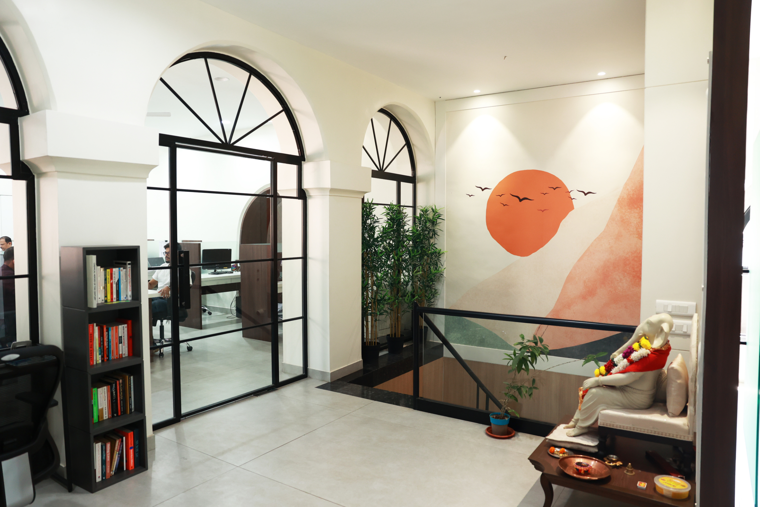 Modern corporate office interior with collaborative workspace and contemporary design.