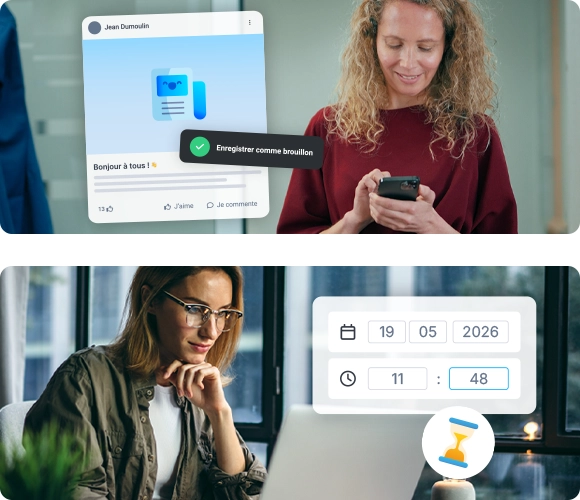 Interface du fil d'actualité Steeple avec publications, sondages et contenus multimédias