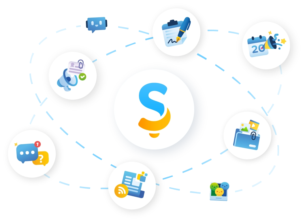 Illustration des neuf applications Steeple : fil d'actualité, messagerie, offres d'emploi, documents, événements, veille, annuaire, agents IA et statistiques