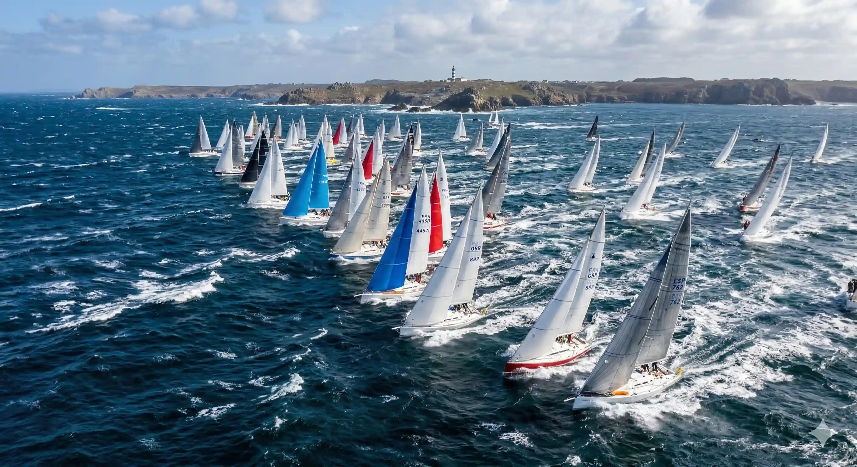 Une flotte de voiliers en régate, toutes voiles dehors, vers le même cap
