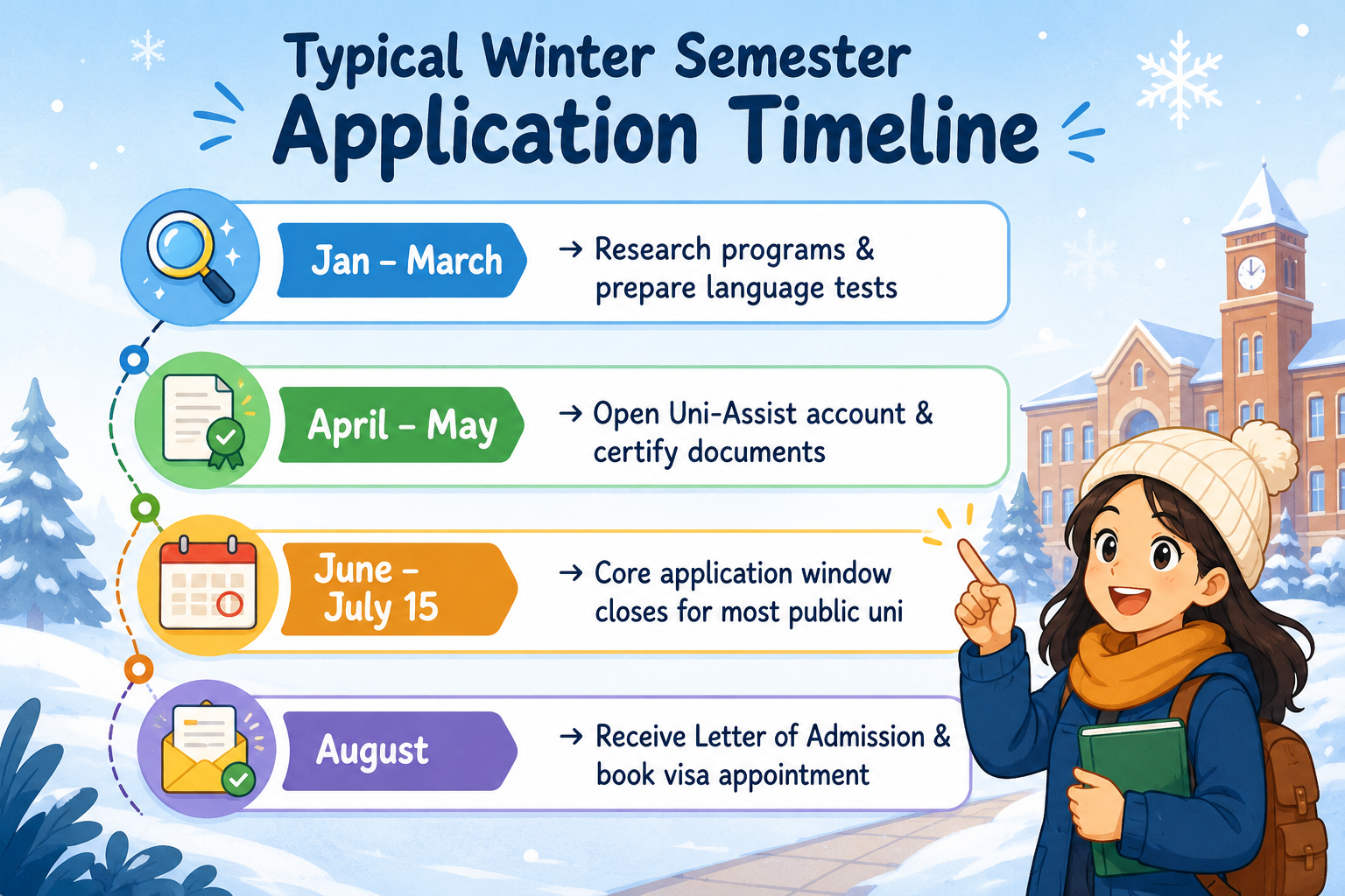 Winter semester application timeline showing steps from Jan to August with icons and a student pointing.