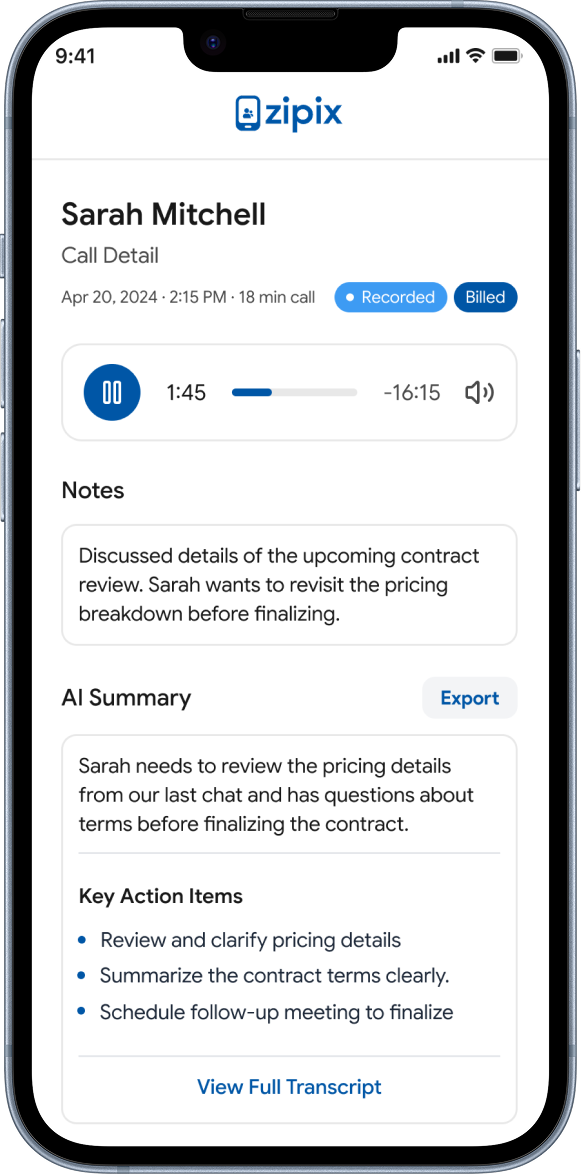 AI Call Summaries and Billing Entries Screen