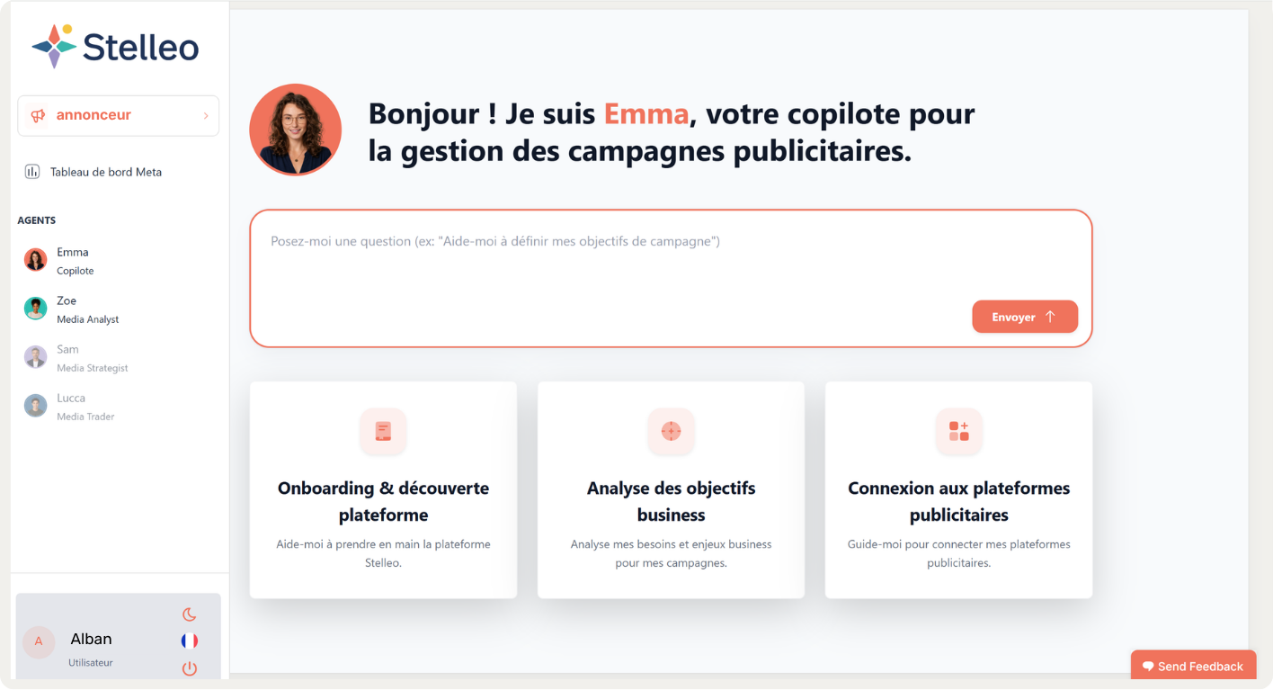 Le preview de la plateforme Stelleo, l'agent Emma accueil l'utilisateur.