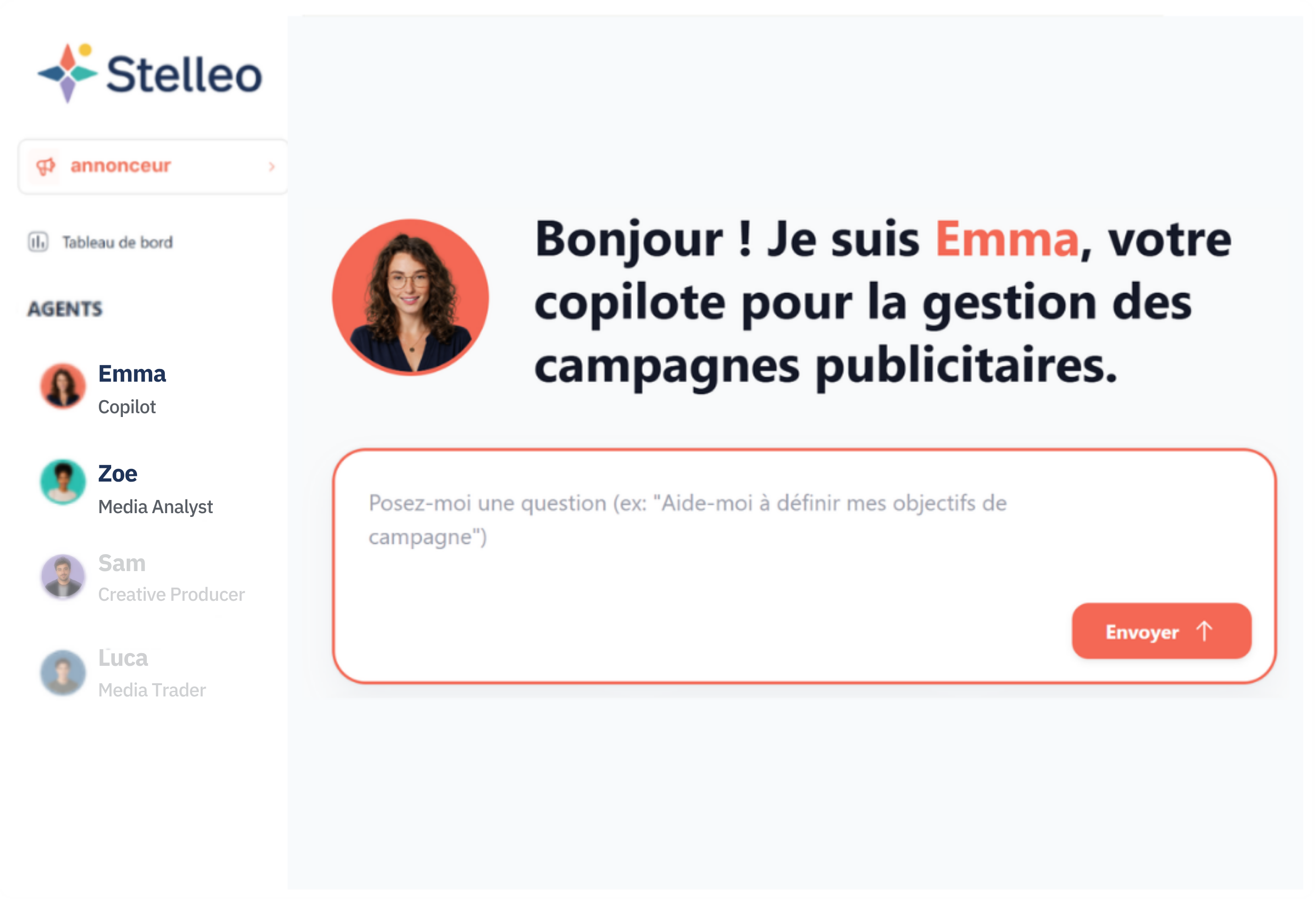 Le preview de la plateforme Stelleo, l'agent Emma accueil l'utilisateur.
