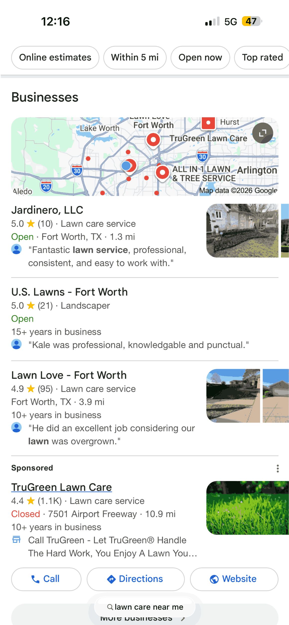 A screenshot of Jardinero, LLC ranking top 3 on Google map search