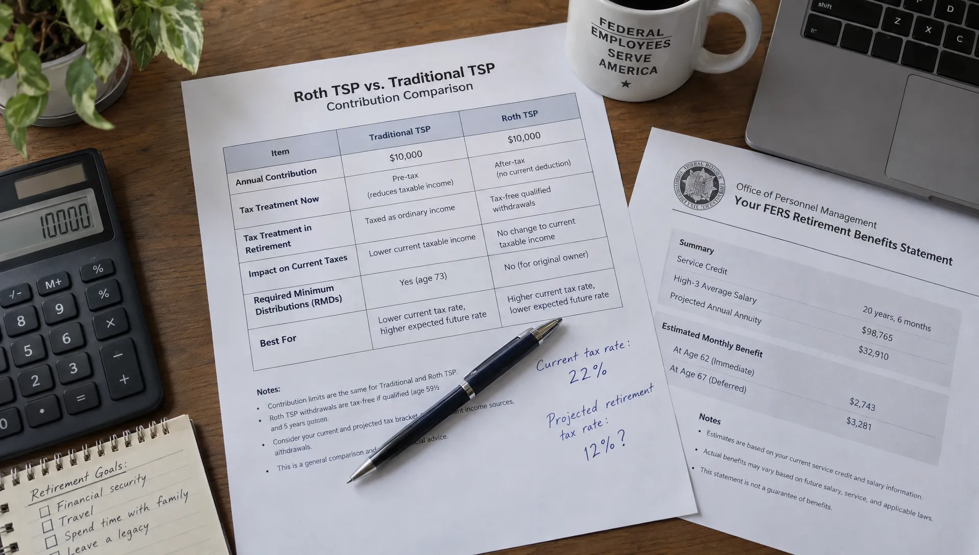 A worksheet compares Roth TSP and traditional contributions beside a calculator and a federal pension statement.