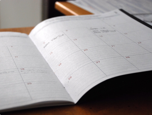 Open monthly planner with handwritten notes and dates on a wooden surface.