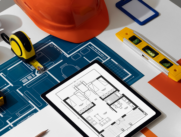 Tablet displaying a floor plan on a desk with a hard hat, level, tape measure, and blueprints.