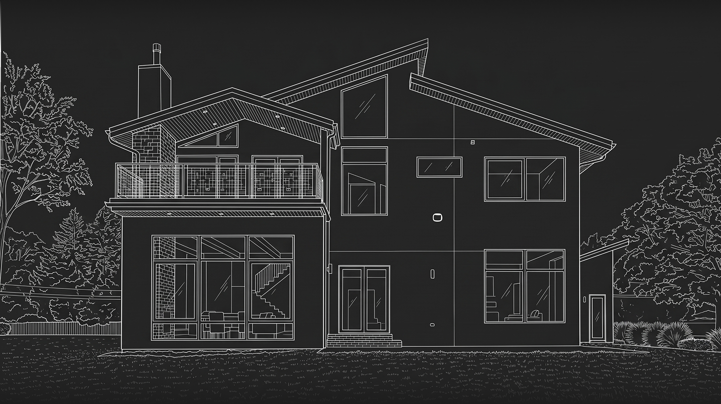 Outline drawing of a modern two-story house with large windows, balcony, and staircase inside.