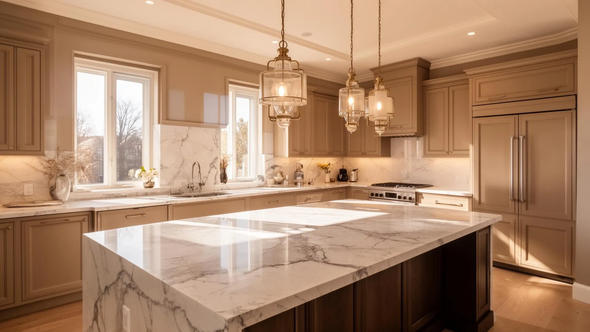 Bright modern kitchen with marble countertops, beige cabinetry, three pendant lights, and large central island.