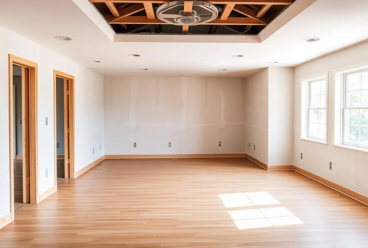 Empty room with light wooden floor, white walls, multiple electrical outlets, two doorways, and three large windows letting in natural light.