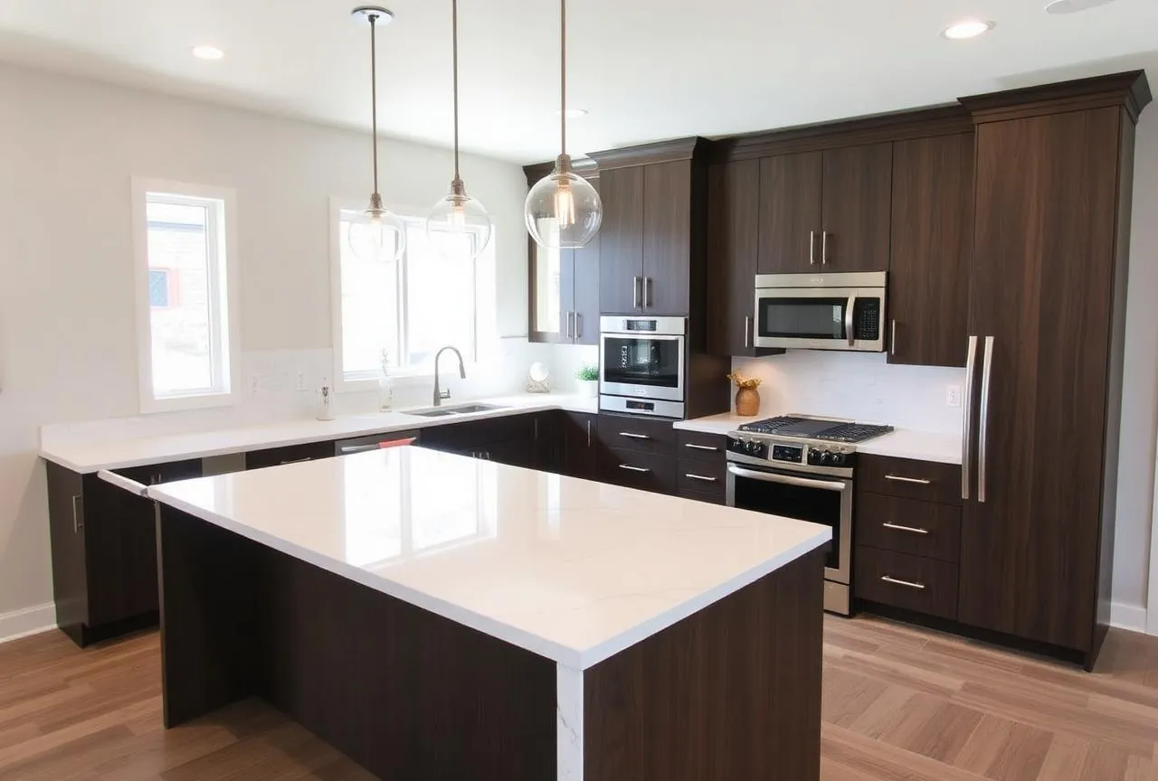 Modern kitchen with dark wood cabinets, white countertops, a large island, stainless steel appliances, and three glass pendant lights.