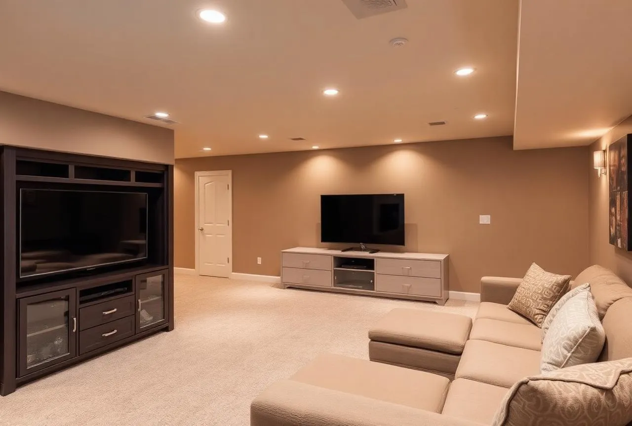 Cozy basement living room with beige carpet, sectional sofa with pillows, two flat-screen TVs, and soft ceiling lights.
