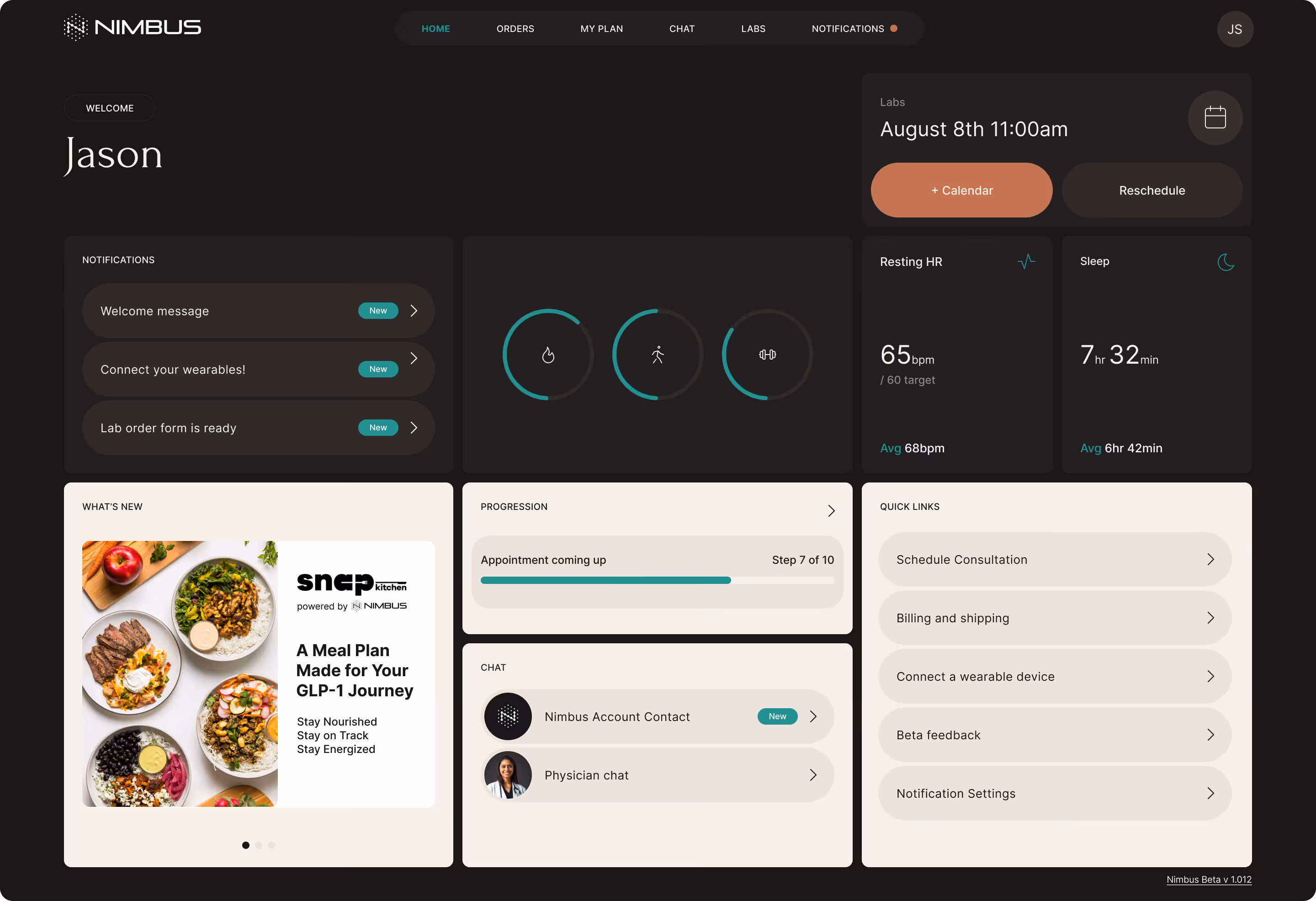 Nimbus patient dashboard — Desktop overview