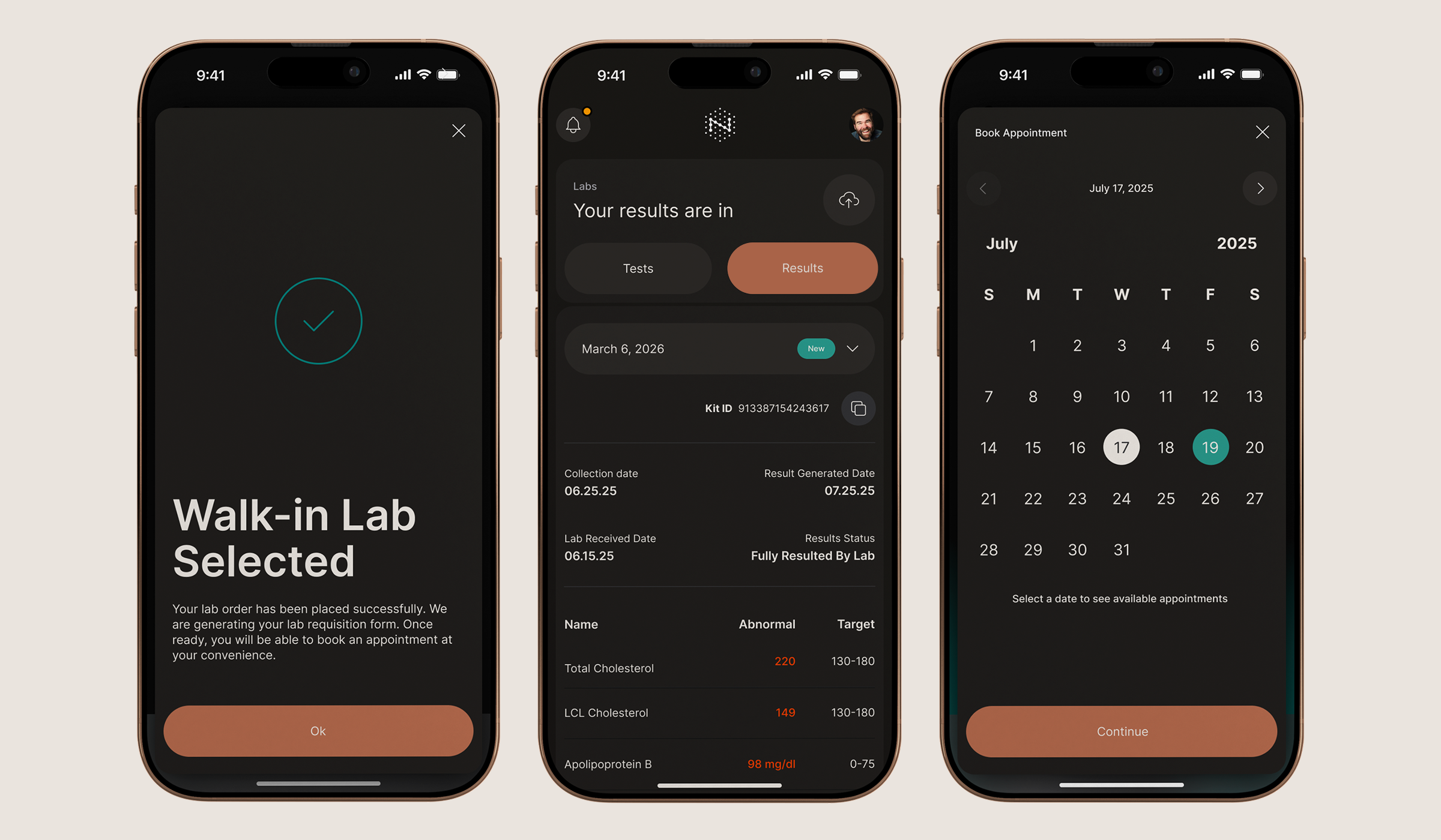 Nimbus app — Lab selection and results flow