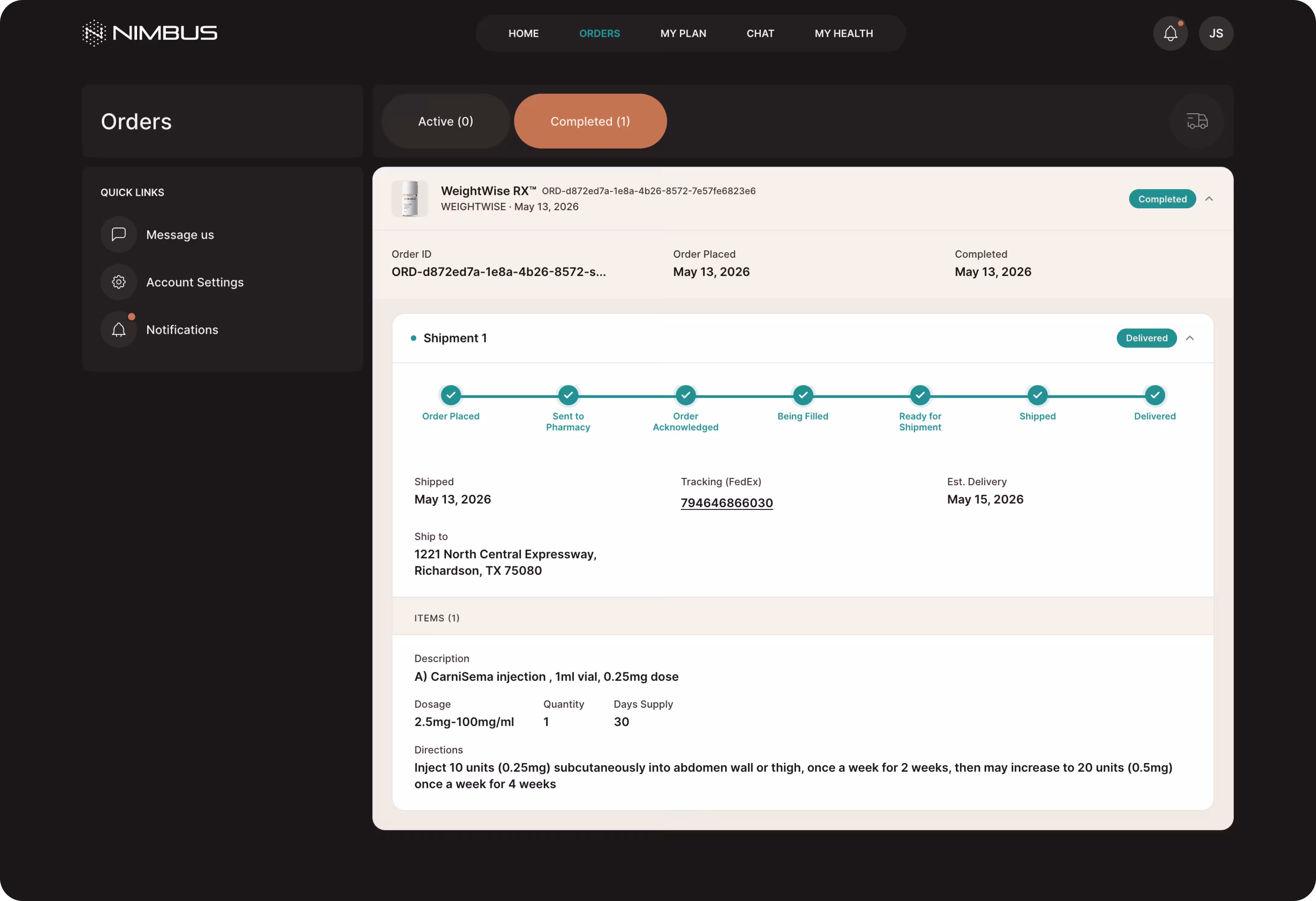 Nimbus member dashboard showing personalized GLP-1 weight care plan and progress timeline