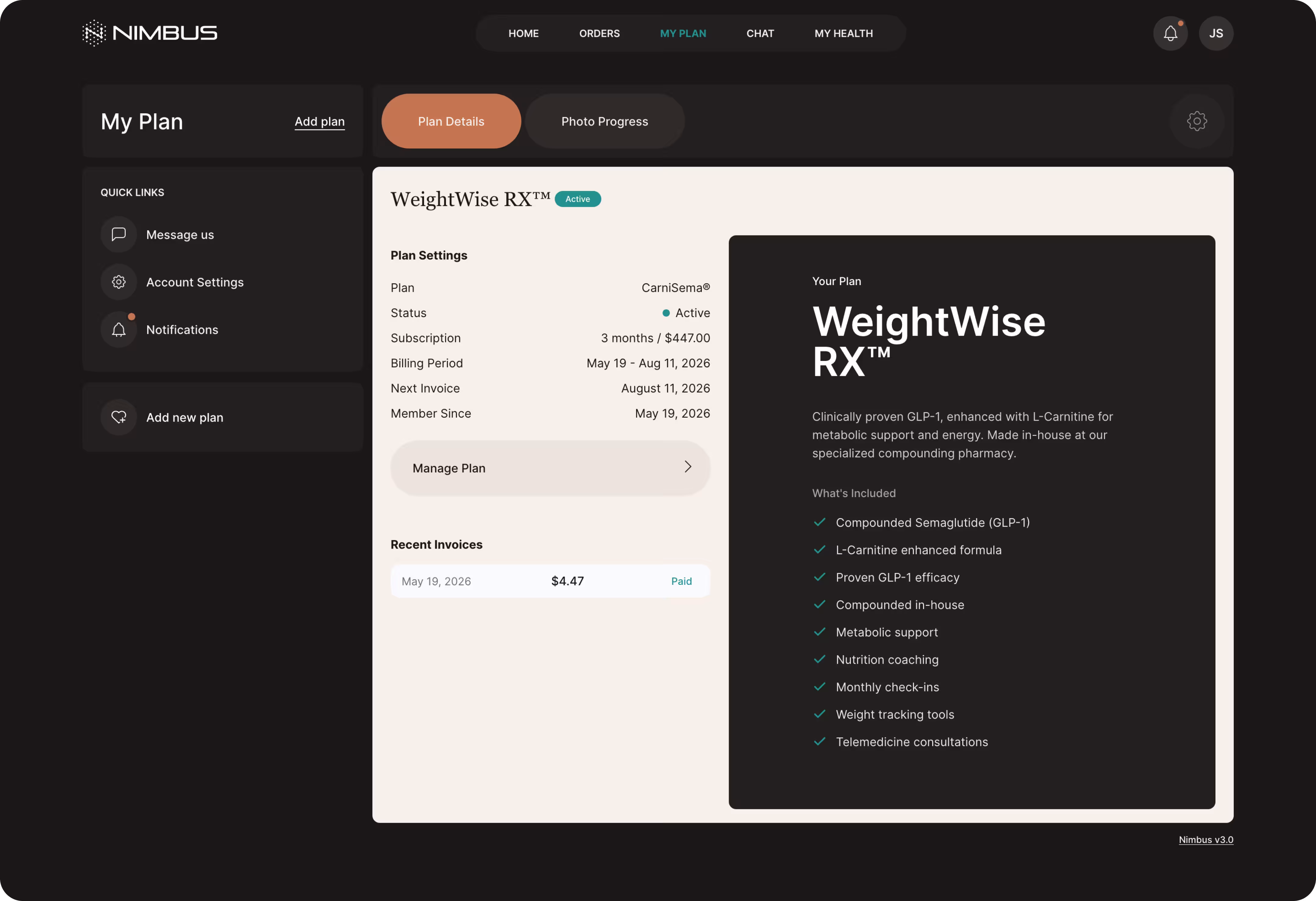 Lab selection and results flow in the Nimbus member portal with clinician-recommended panels