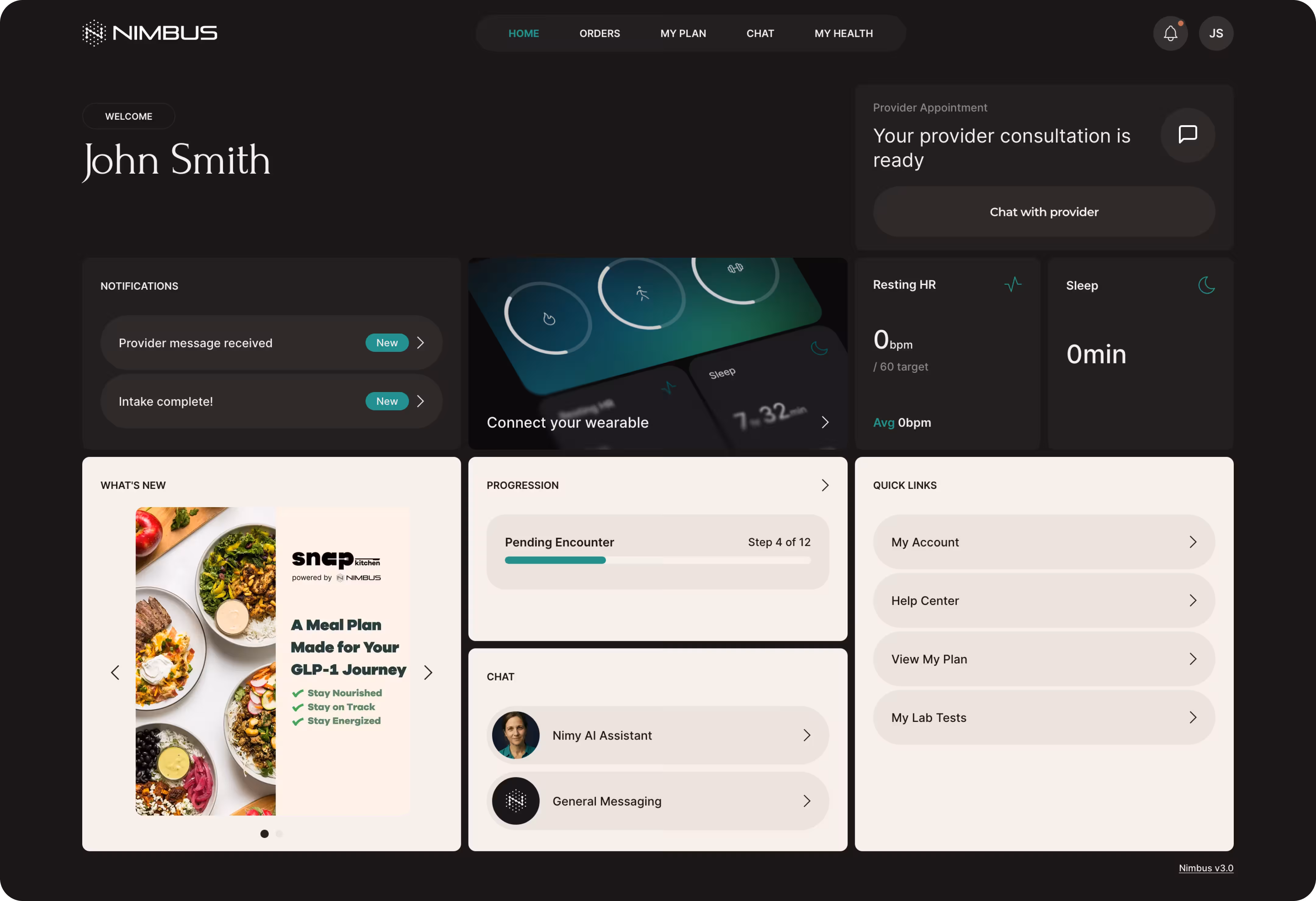 Nimbus member portal dashboard showing weight progress, upcoming refills, and clinician messages