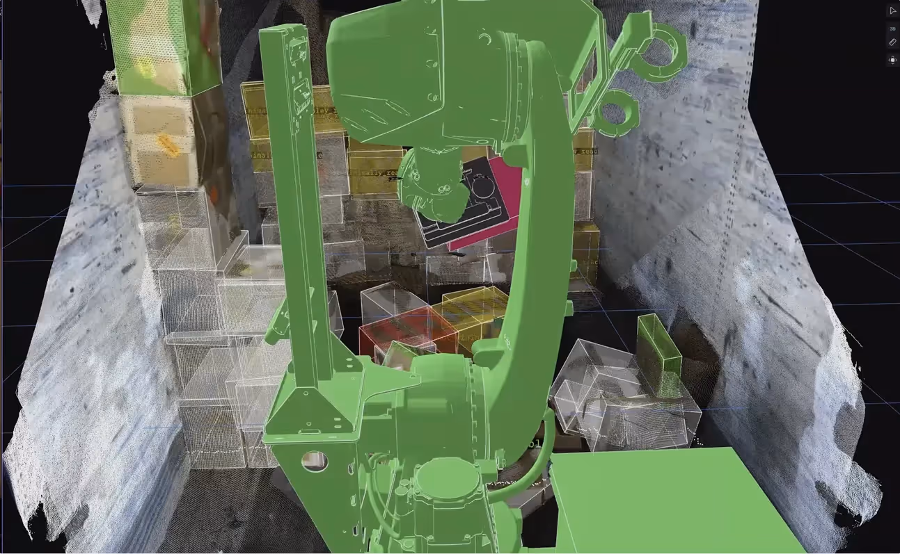 3D digital rendering of a robotic arm surrounded by transparent colored boxes inside a confined industrial space.