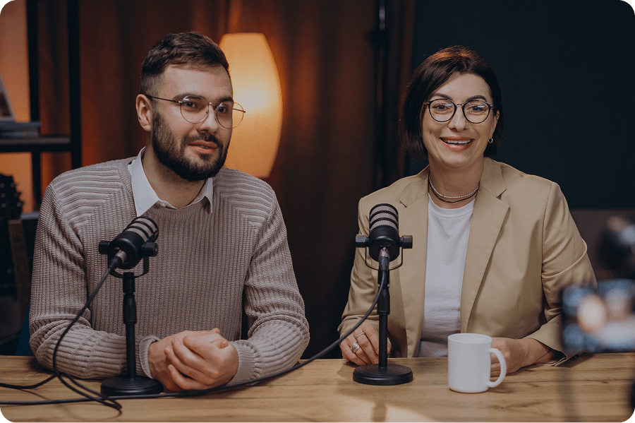 Podcast recording setup with microphones and studio lighting