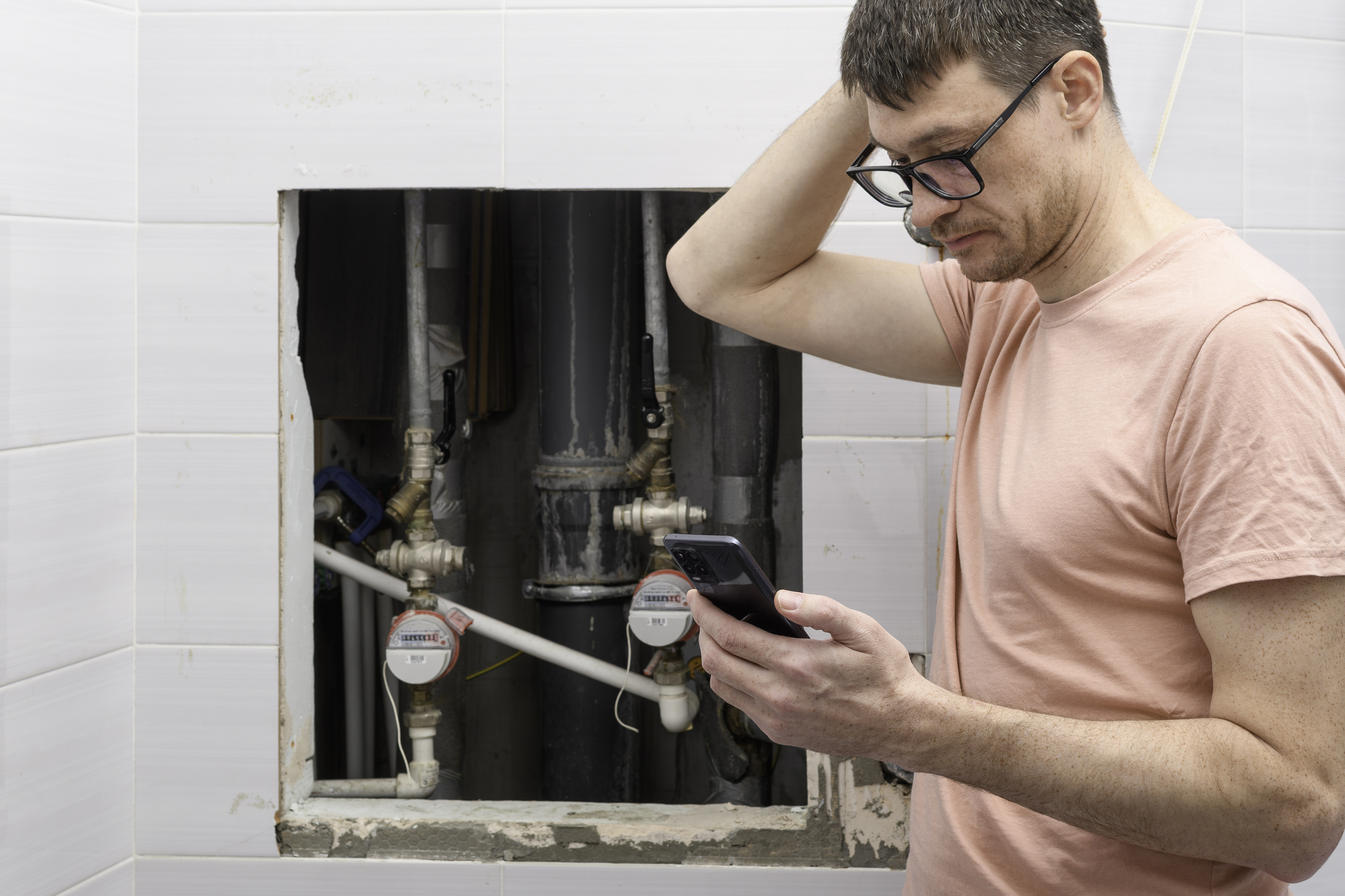Man in a pink shirt looking at his phone with a puzzled expression beside an open wall panel showing plumbing pipes and water meters.