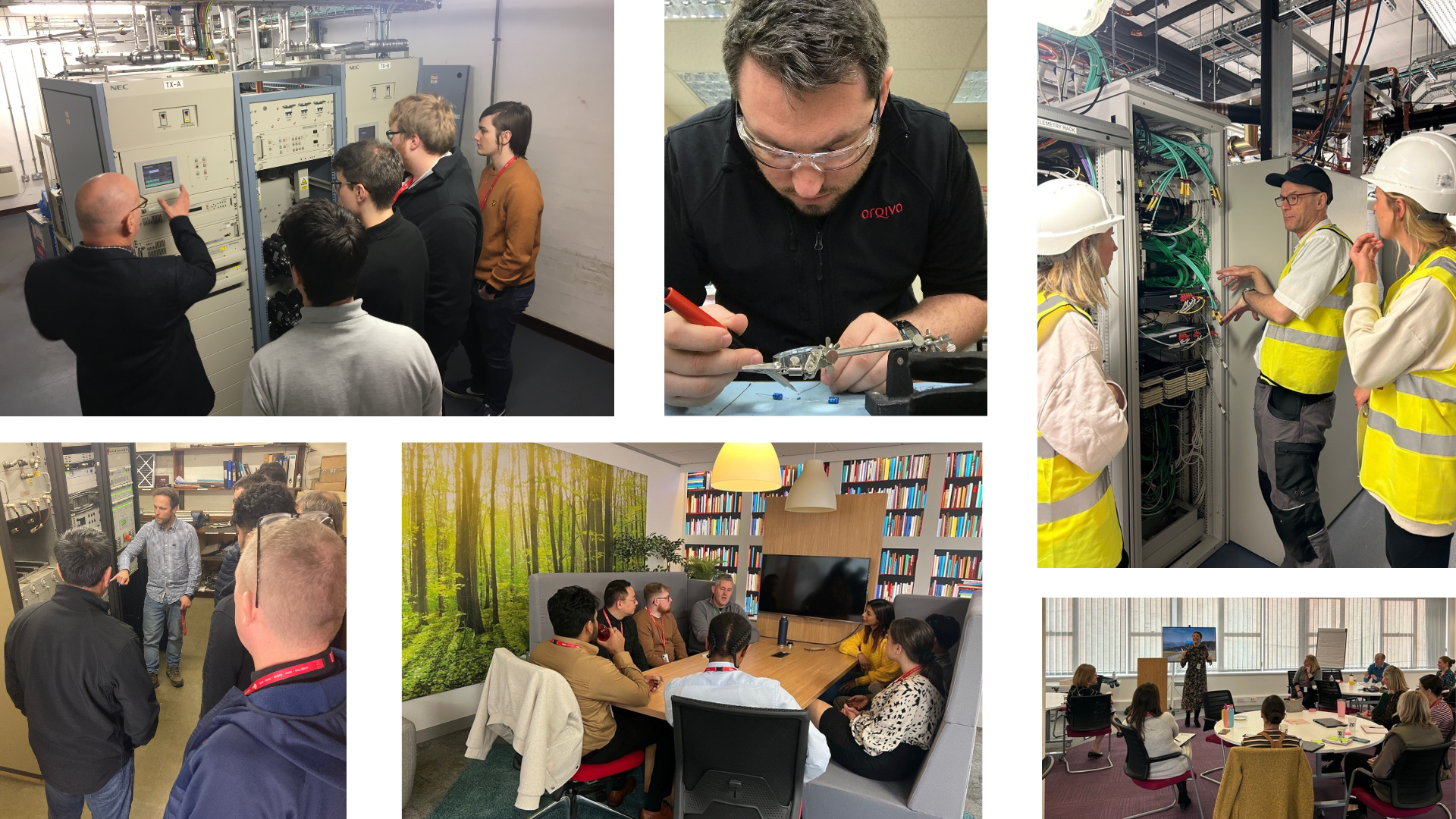 A montage image showing several different images of people at work in various settings
