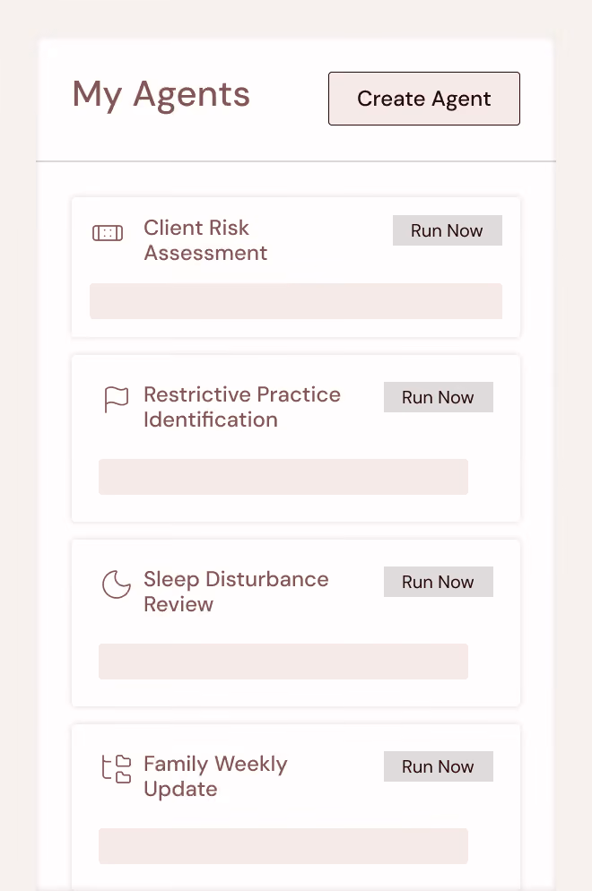Interface showing My Agents list with options to create and run Client Risk, Practice, Sleep, and Family agents.