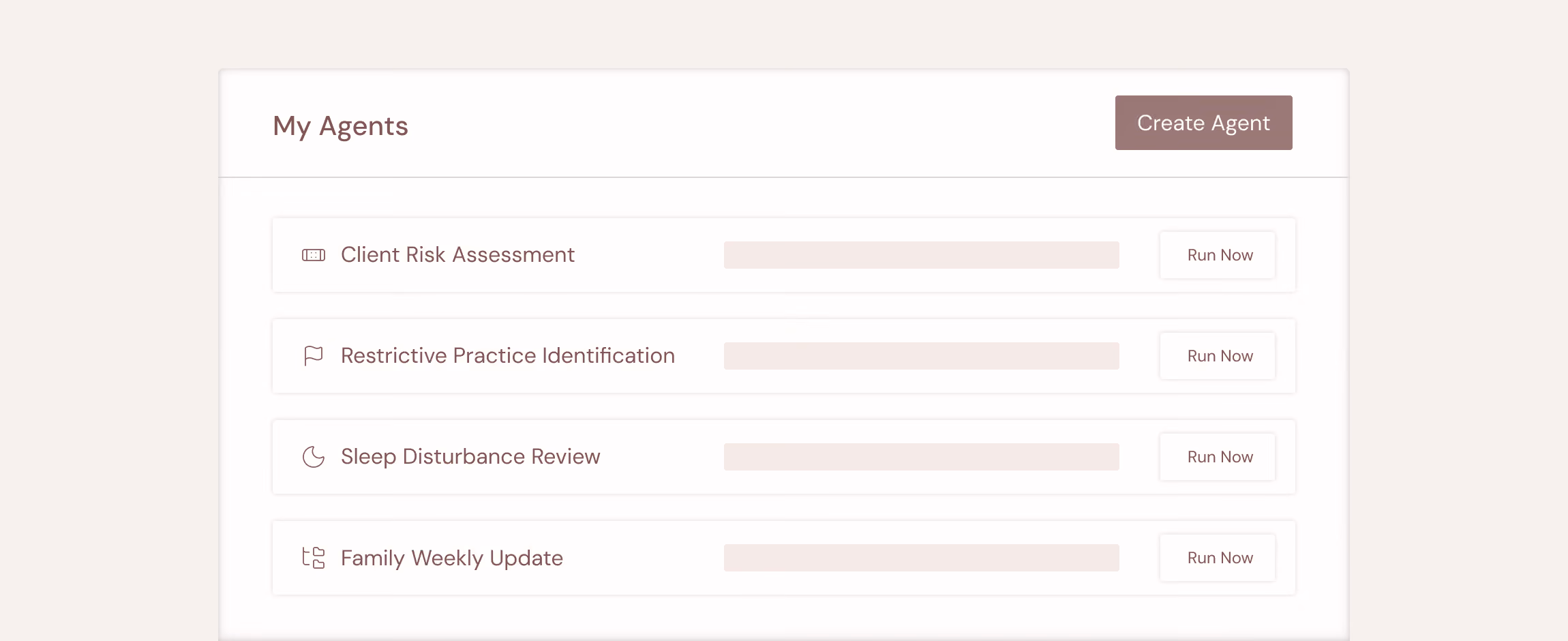 Dashboard titled My Agents with four agents listed and a Create Agent button on top right.