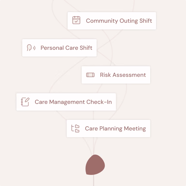 Flowchart with care-related labels: Community Outing Shift, Personal Care Shift, Risk Assessment, Check-In, Planning Meeting.