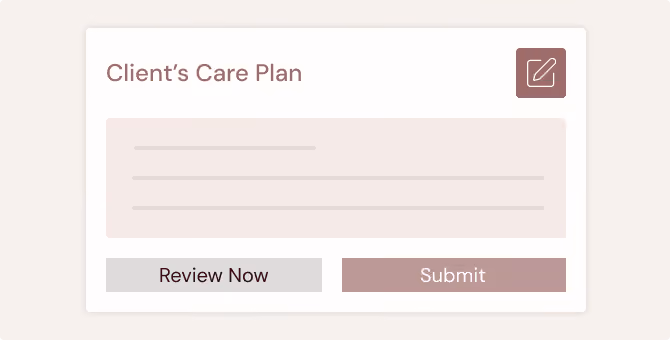Client's Care Plan form with blank lines and buttons labeled Review Now and Submit.