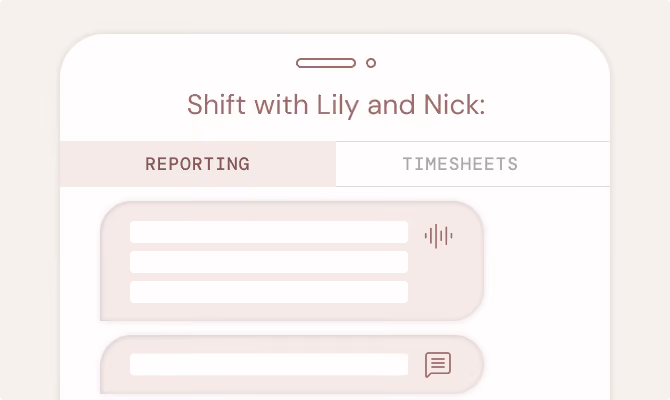 Mobile app screen titled Shift with Lily and Nick showing Reporting tab with form fields and icons.