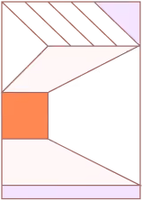 Abstract geometric design with pink, orange, black, and white shapes forming a pattern.