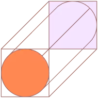 Three-dimensional wireframe cube with an orange circle in front and a light purple semicircle inside the cube's back face.