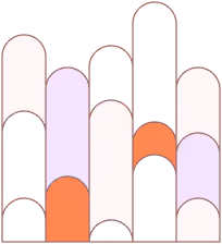 Abstract vertical bars of varying heights in shades of black, orange, lilac, and cream with rounded tops.
