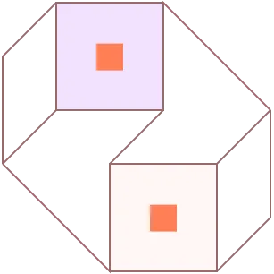 Minimalist geometric shape resembling a three-dimensional cube with two colored faces and orange squares.