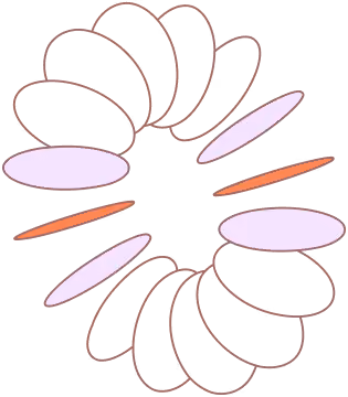 Abstract circular pattern of overlapping oval shapes in purple and orange with thin brown outlines.