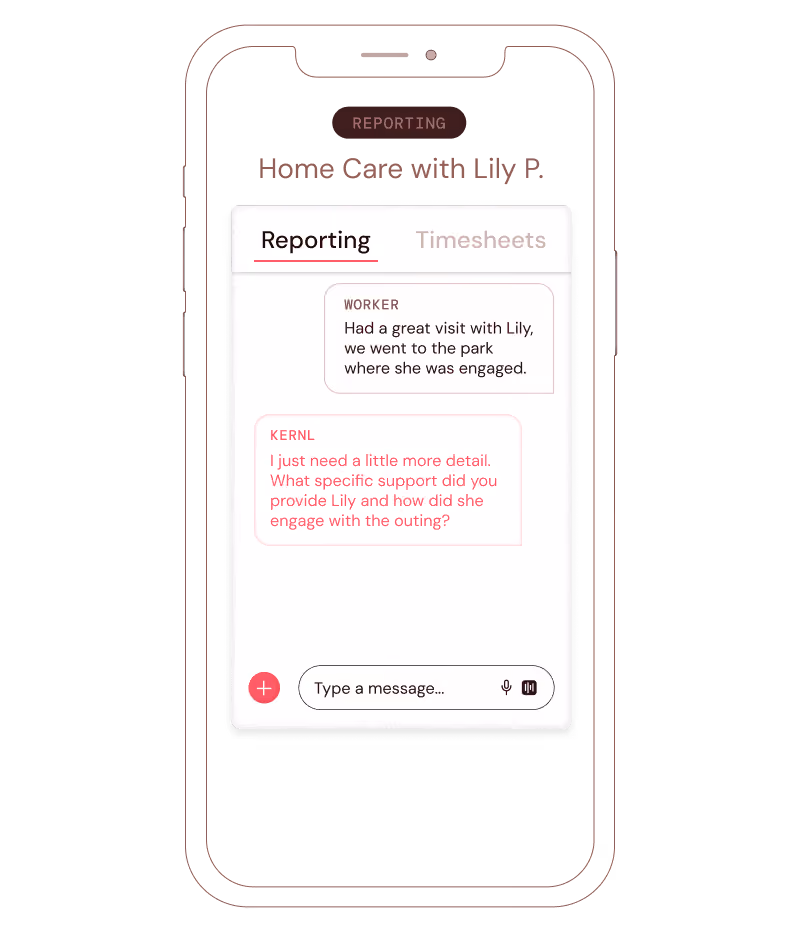 Mobile screen showing chat titled Home Care with Lily P. between worker and KERNL about Lily's park visit.