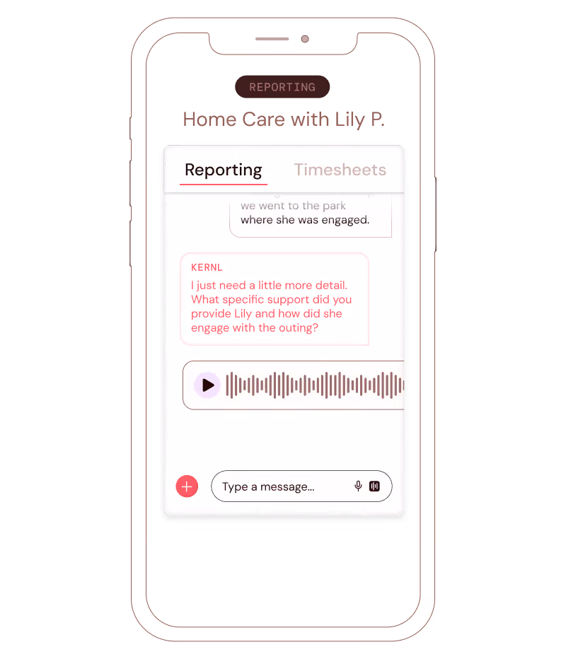 Mobile chat screen titled Home Care with Lily P. showing a message requesting details about support and engagement.