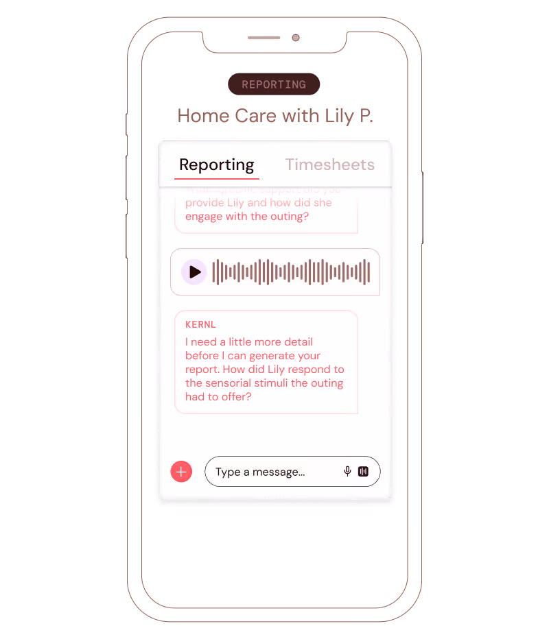 Mobile screen showing a home care report chat for Lily P., with voice message and text input option.