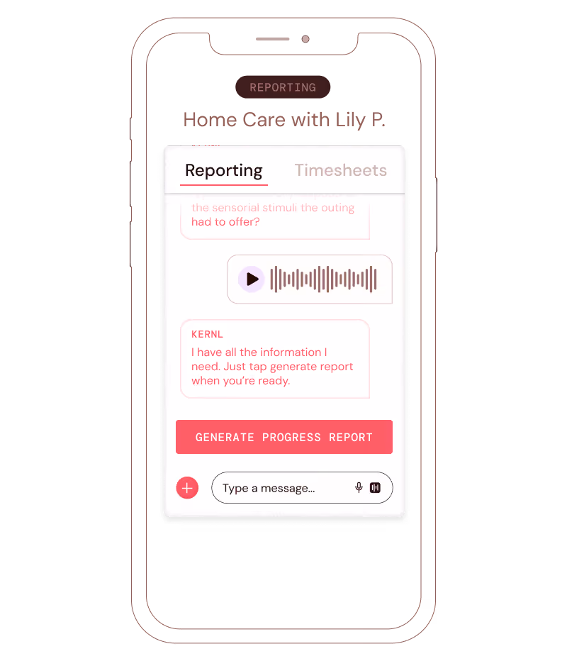 Mobile screen showing a reporting app for home care with options to play audio and generate progress report.