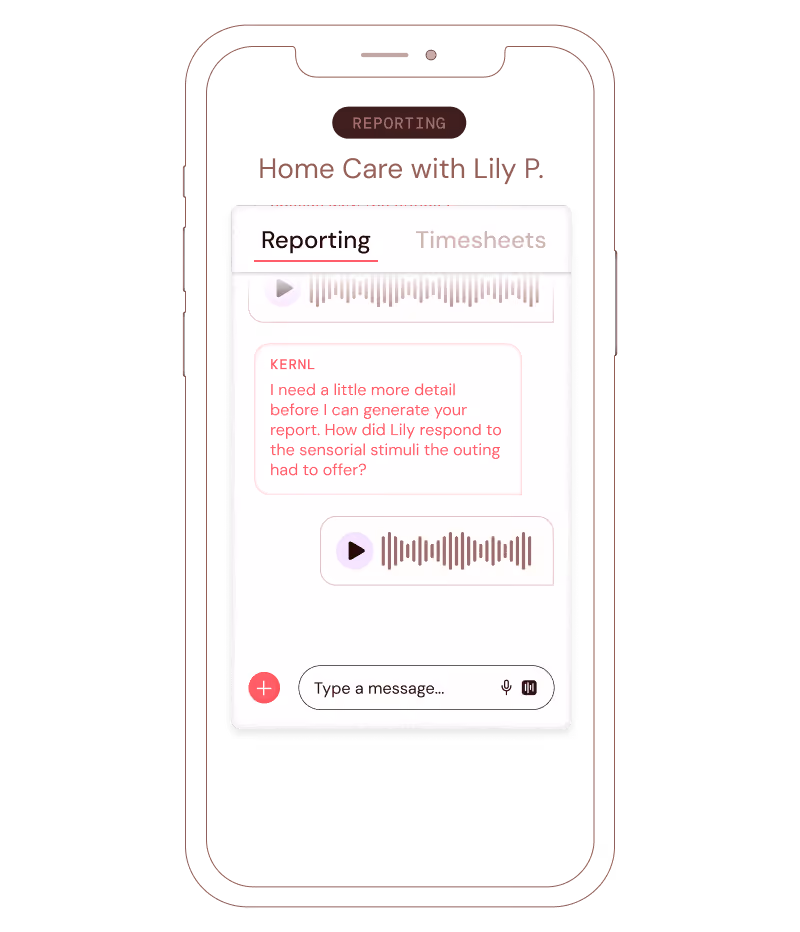 Mobile screen showing chat interface for home care reporting with voice message and text input.