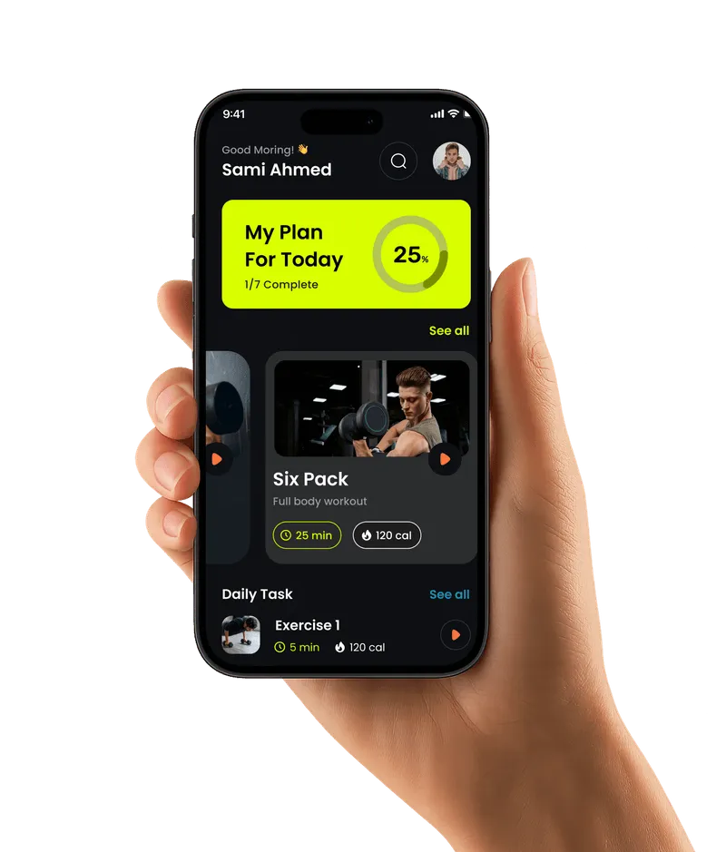 Hand holding smartphone displaying HealthPro fitness app home screen.