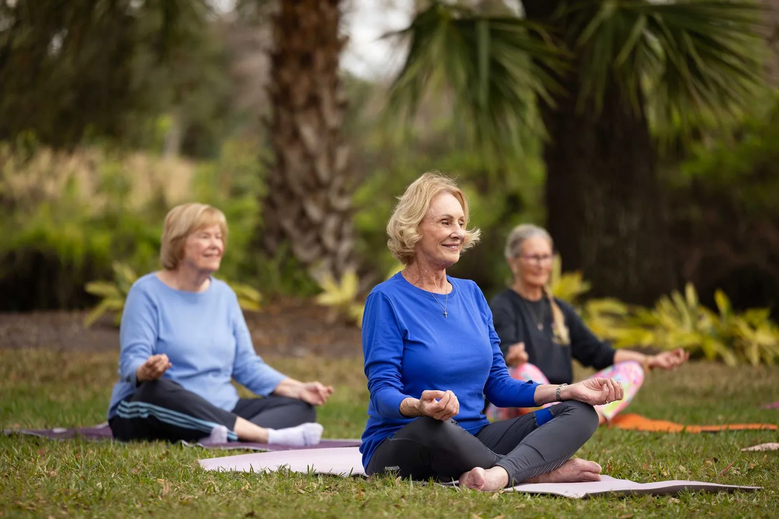 Older adults practicing yoga outdoors, stretching and enjoying the fresh air in a peaceful, natural setting.