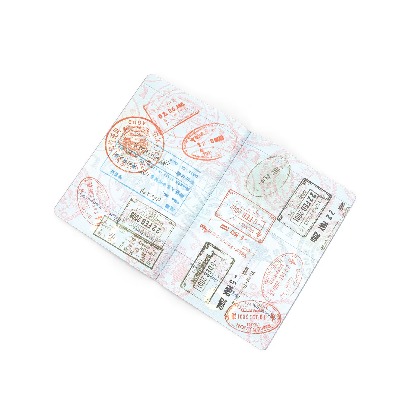 Open passport page with multiple colorful international travel stamps and visa marks.