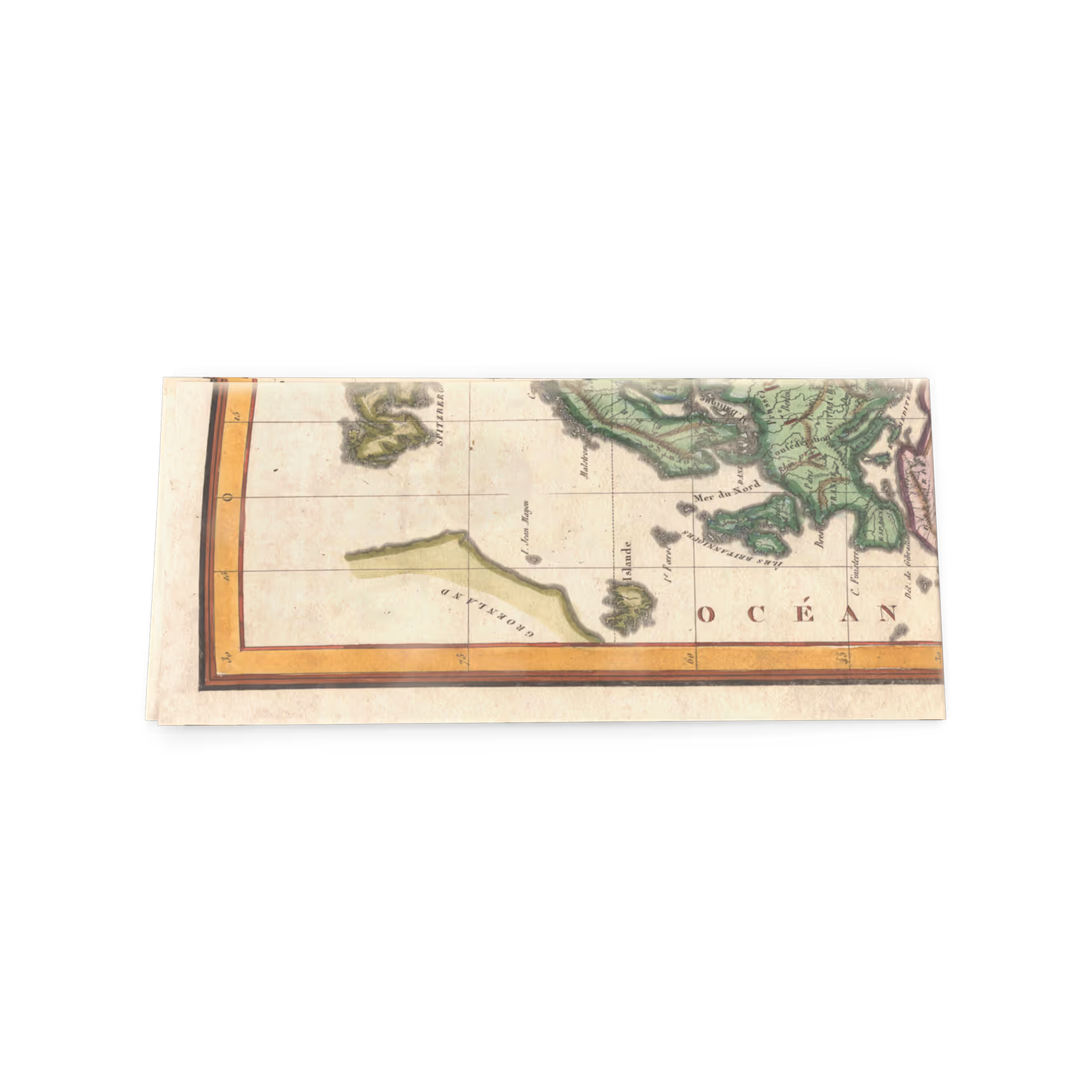 Section of an antique map showing parts of the ocean and nearby landmasses shaded in green and yellow.